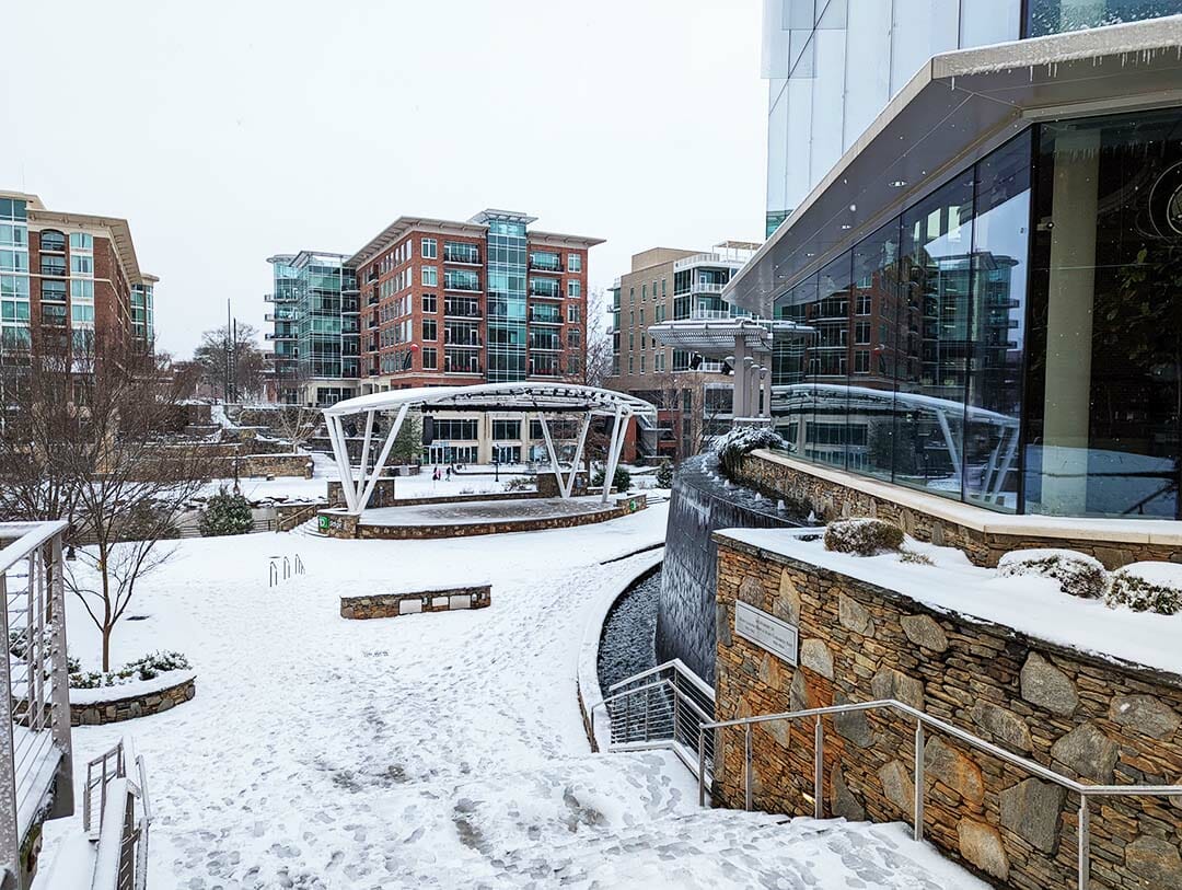 Peace Center steps and amphitheater in the snow